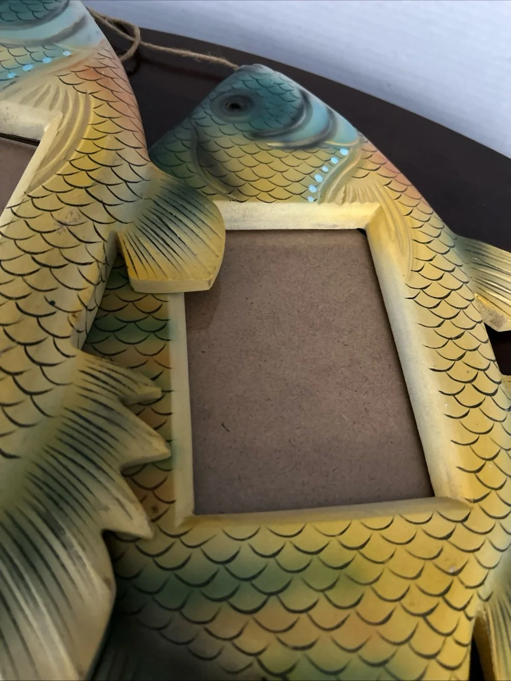 Swedish handmade Decorative Fish-Shaped Photo Frame Set in Yellow-Green Vtg